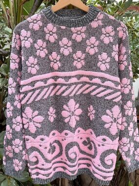 Vintage 1990s USA Brunny Floral Knit Sweater Pink Gray Crewneck 21x26.5